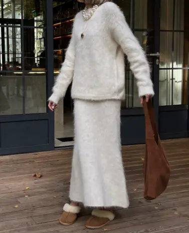 Elegant Nylon Knit Two Piece Set Pullover Sweater Maxi Skirt for Women Bella Mia