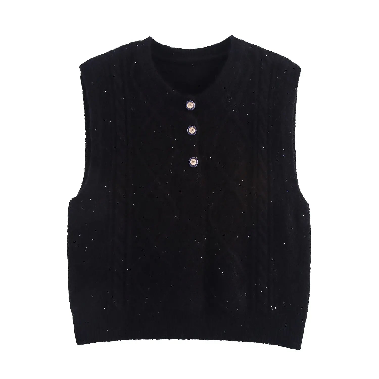 Women Clothing Autumn Sequined Diamond round Neck Half Cardigan Knitted Vest Bella Mia