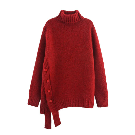 Women Autumn Mock Neck Sweater With Asymmetric Hem Loose Thick Jersey Pullover Bella Mia