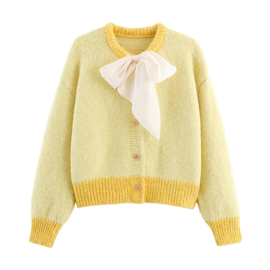 Women Fall Bowknot Knitwear Coat With Long Sleeves Round Neck Bella Mia