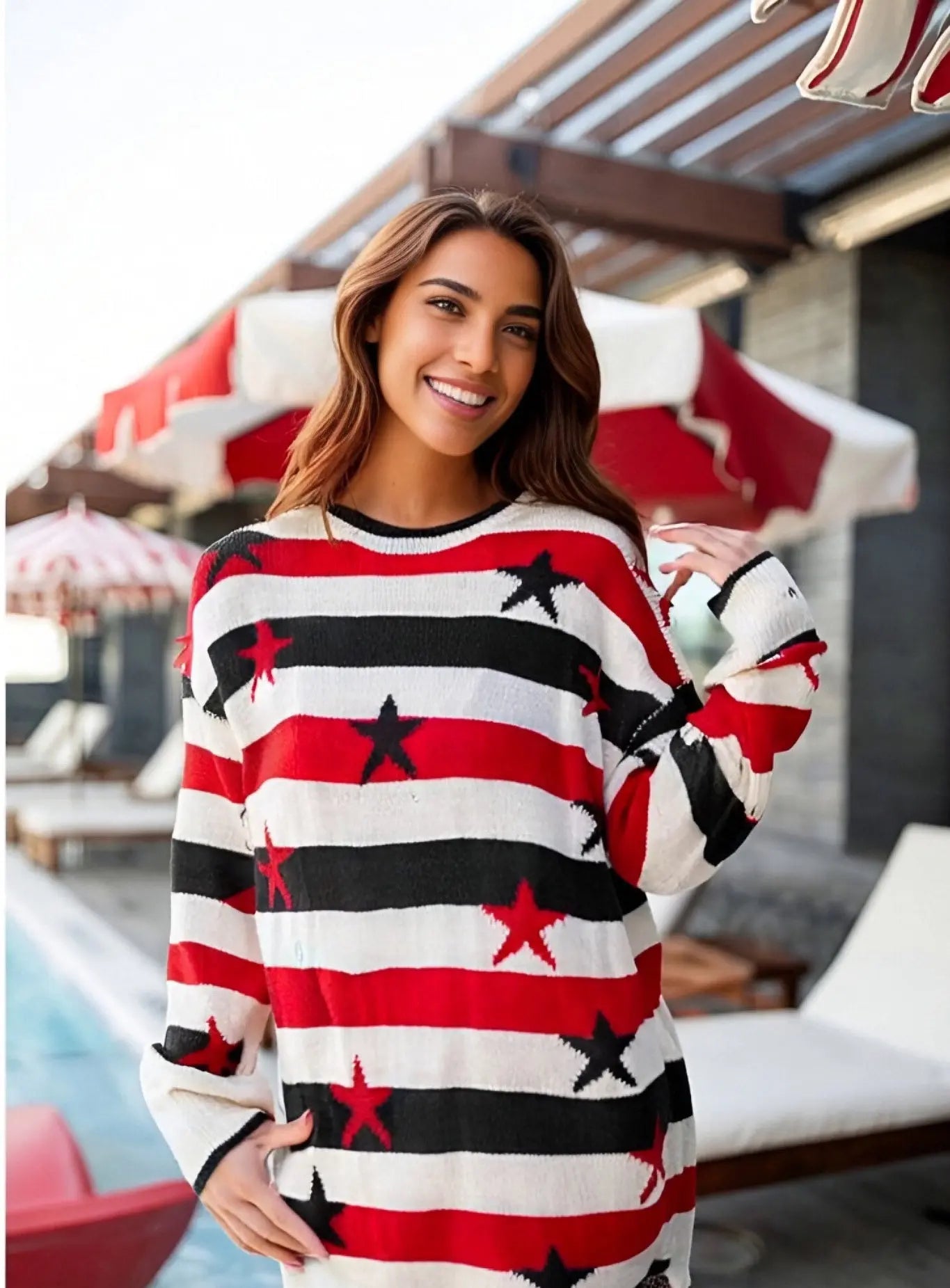 Oumeiya Printed Women Flag Loose Long Sleeve Popular Striped Sweater Bella Mia