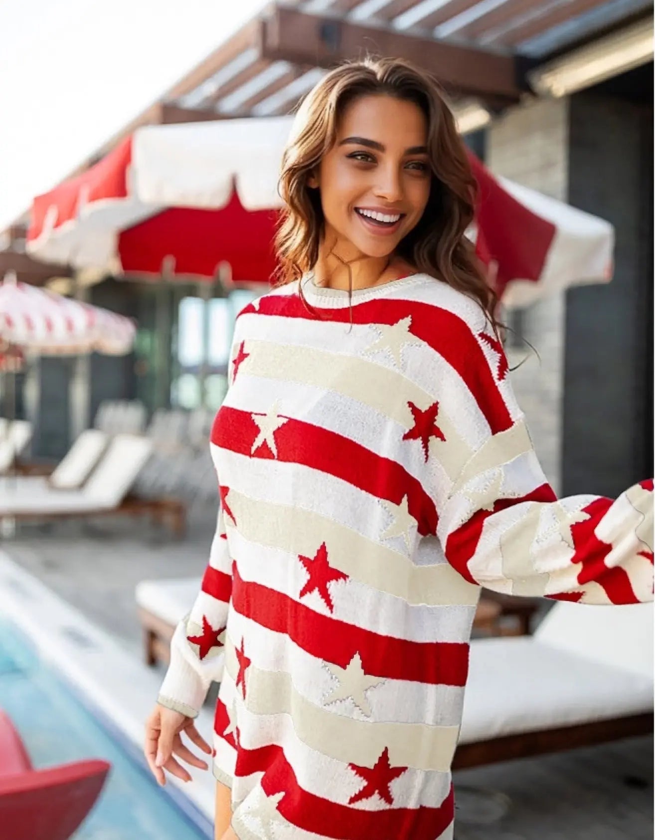 Oumeiya Printed Women Flag Loose Long Sleeve Popular Striped Sweater Bella Mia