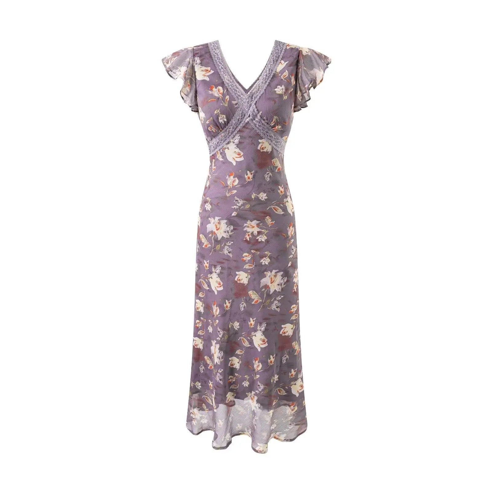 Summer Elegant Boho Floral Lace V Neck Patchwork Flutter Sleeve Midi Dress Bella Mia