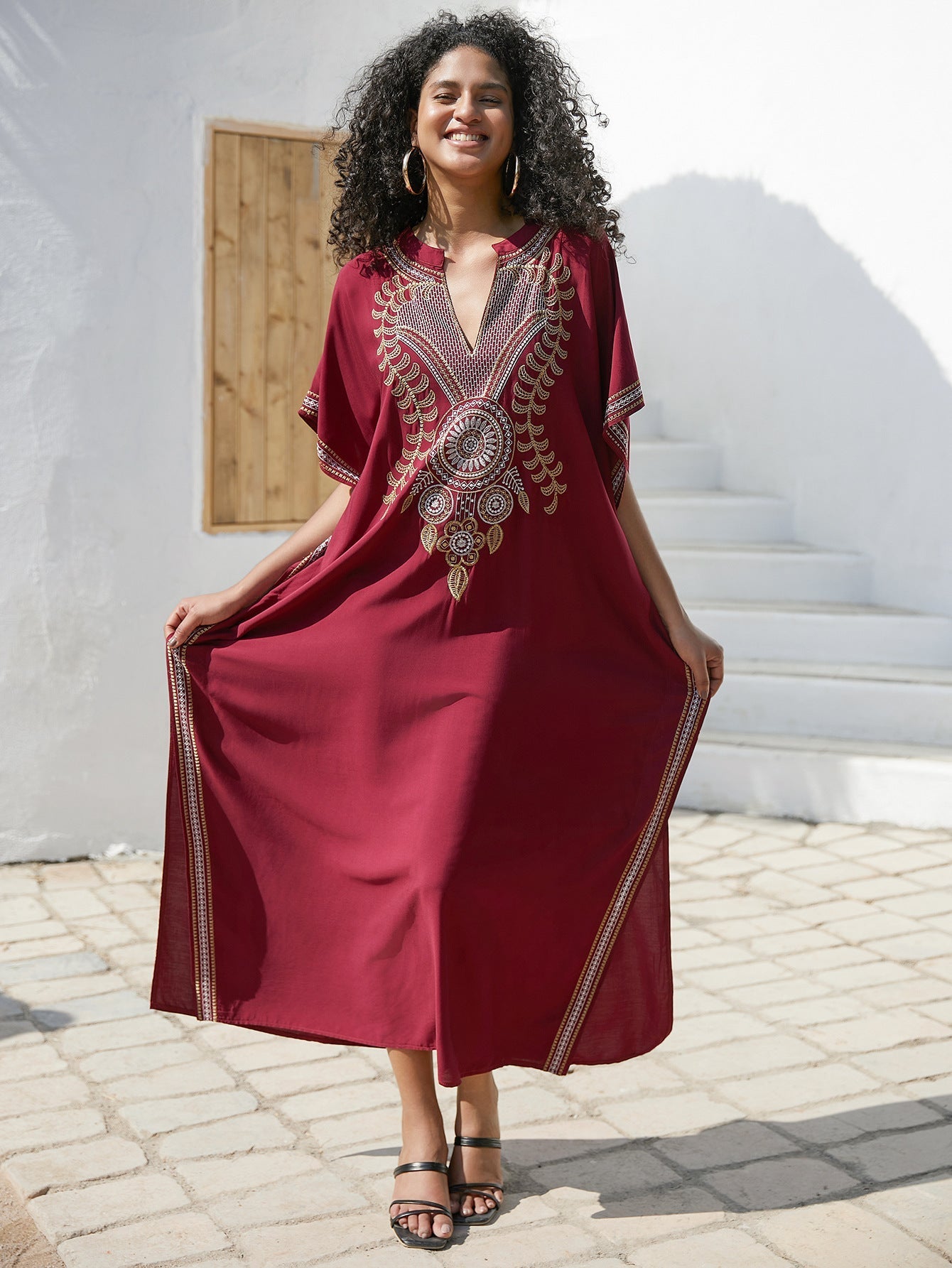 Rayon Embroidered Robe Women Embroidered Vacation Loose Beach Jacket Maxi Dress Beach Cover Up Bella Mia