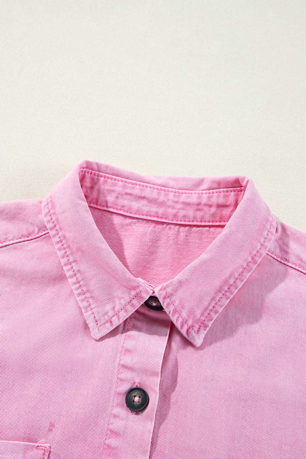 Pink Short Sleeve Denim Shirt Dress with Double Chest Pockets