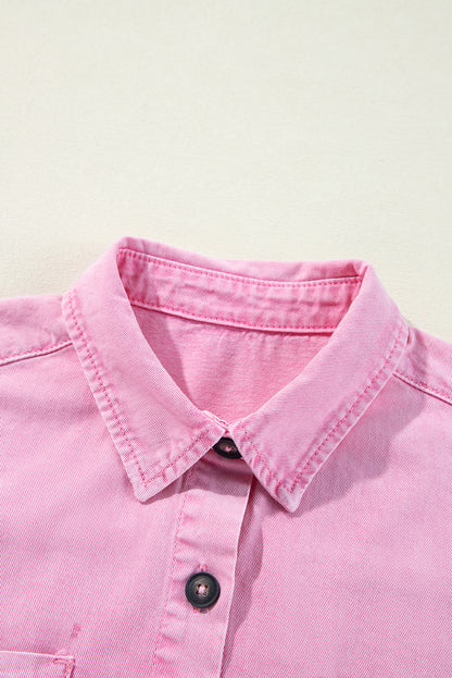 Pink Short Sleeve Denim Shirt Dress with Double Chest Pockets