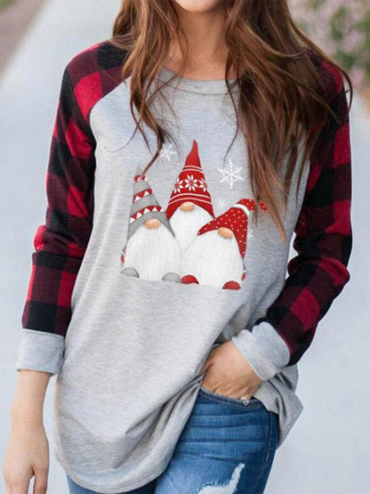 Full size graphic plaid round neck long sleeve t-shirt with gnome design.