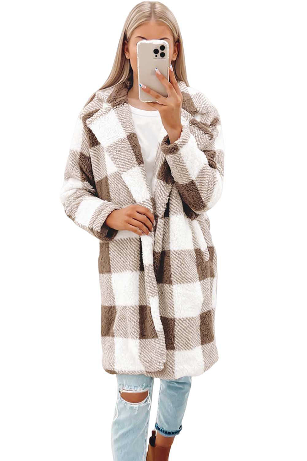 Chic brown plaid open front coat with lapel collar