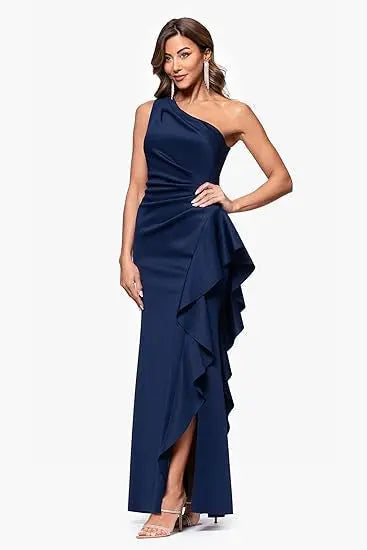 Elegant One Shoulder Ruffled Solid Color Slim Fit Split Fishtail Maxi Evening Dress Bella Mia