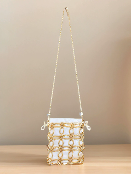 Artistic Fairy Floral Cutout Woven Beads Imitation Pearl Advanced Texture Mobile Phone Lipstick Chain Cross Body Bag Bella Mia