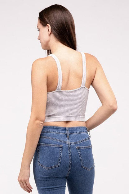 Washed Ribbed Cropped V-Neck Tank Top.