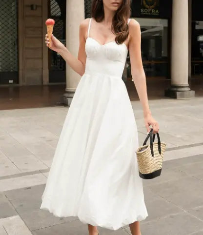 Cotton Sling Balloon Dress Summer Tight Waist Bubble Swing Dress Pure Cotton Dress Women Bella Mia
