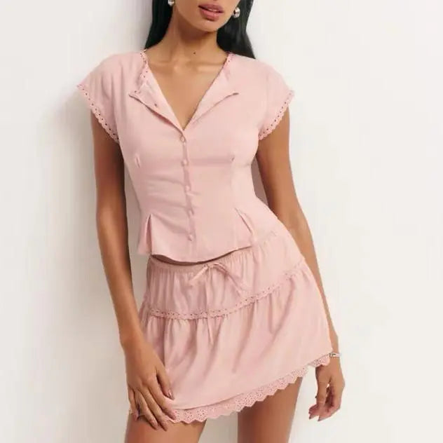 Elegant Lace Flying Sleeve Top And High Waist Elastic Skirt Set Bella Mia