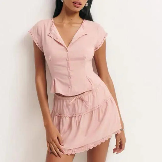 Elegant Lace Flying Sleeve Top And High Waist Elastic Skirt Set Bella Mia