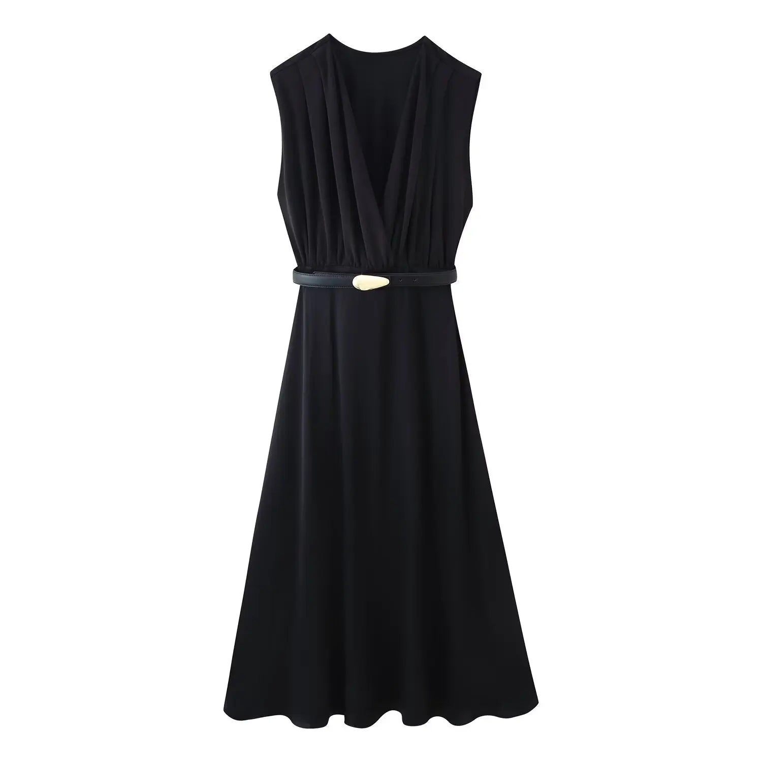 Summer Casual Sleeveless V Neck Maxi Dress With Belted Ruched Zipper Details Bella Mia
