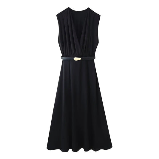 Summer Casual Sleeveless V Neck Maxi Dress With Belted Ruched Zipper Details Bella Mia