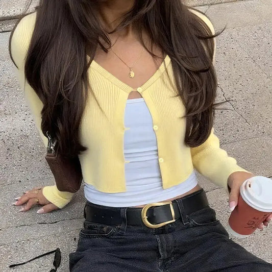 Women Clothing Summer Sexy Cardigan Button Cropped Long Sleeve T shirt Top Bella Mia