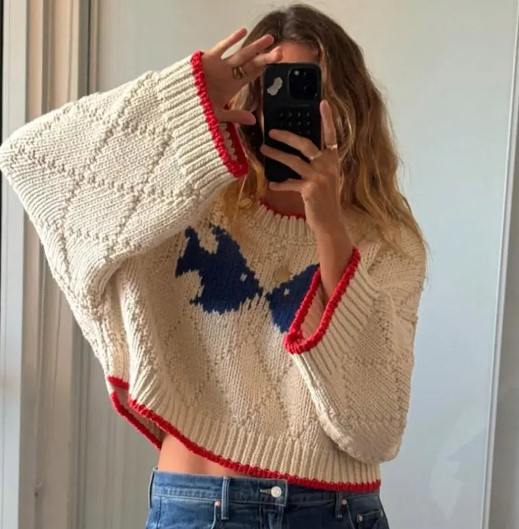 Retro Jacquard Knitted Sweater Loose Fit Crew Neck For Autumn Winter Polyester Bella Mia