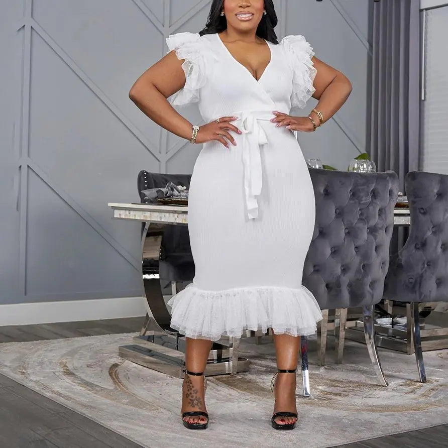 Sexy V neck Solid Color Dress Mesh Pleated Slim Fit Hip Dress Bella Mia