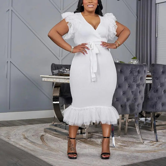 Sexy V neck Solid Color Dress Mesh Pleated Slim Fit Hip Dress Bella Mia