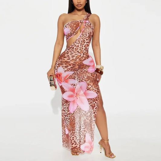 Women Clothing Diagonal Collar Hollow Out Cutout out See through Mesh Floral Print Dress Bella Mia