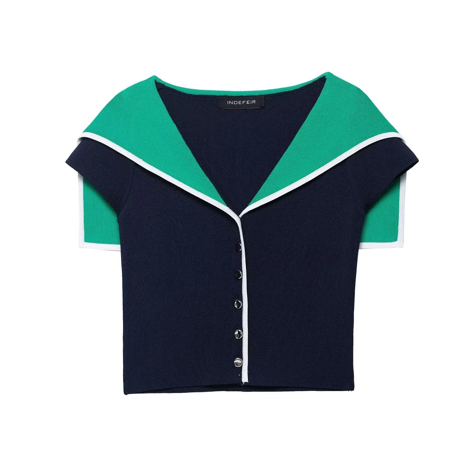 Colorblock Collared Slim Fit Short Knitted Top Jersey Polyester Bella Mia