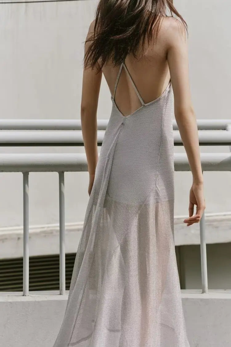 Women Wear Metal Color Thread Midi Dress Sling Dress Bella Mia