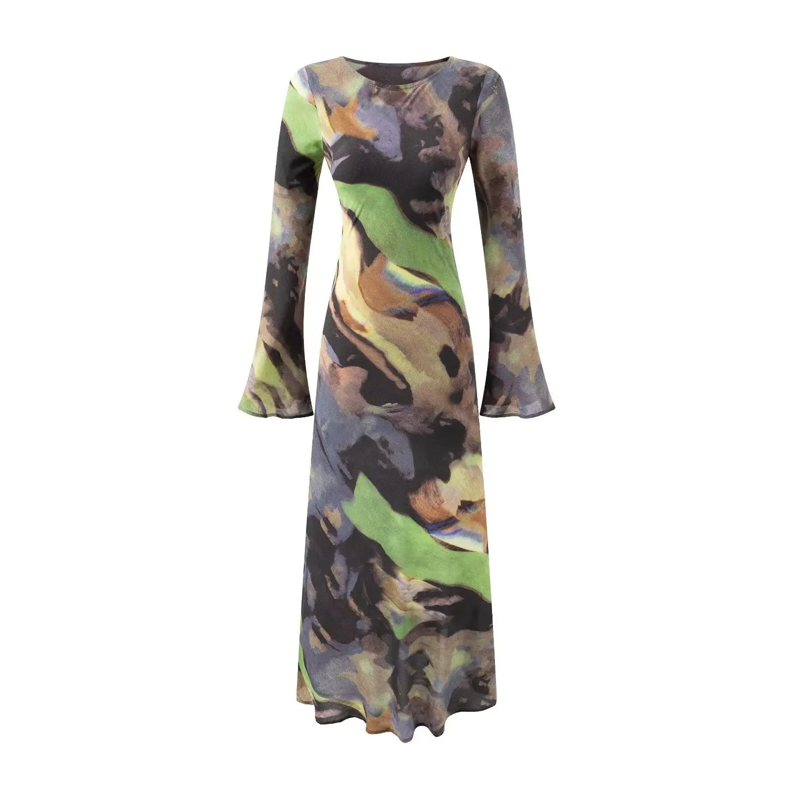 Womens Casual Printed Maxi Dress Long Sleeve Crew Neck Polyester Bella Mia