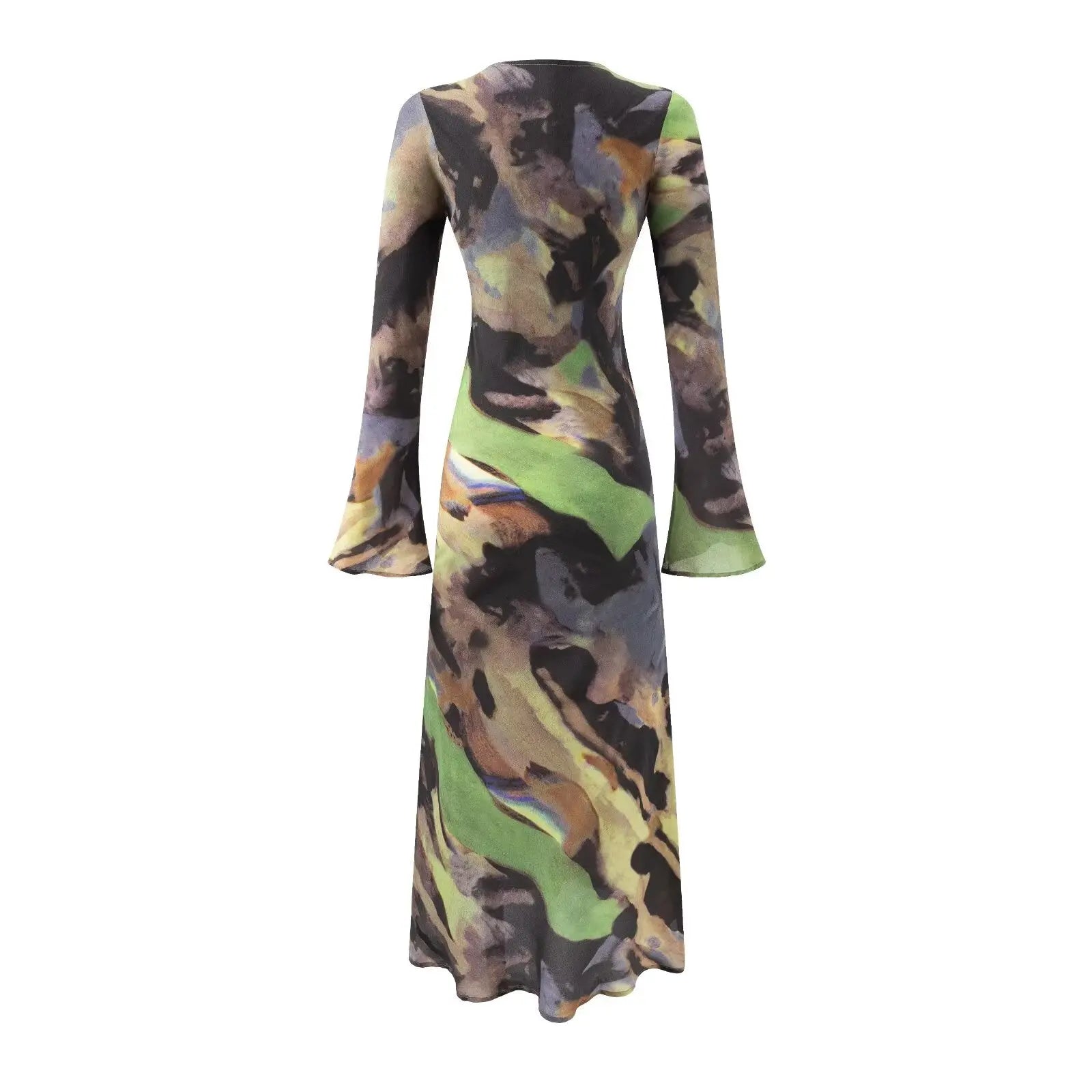 Womens Casual Printed Maxi Dress Long Sleeve Crew Neck Polyester Bella Mia