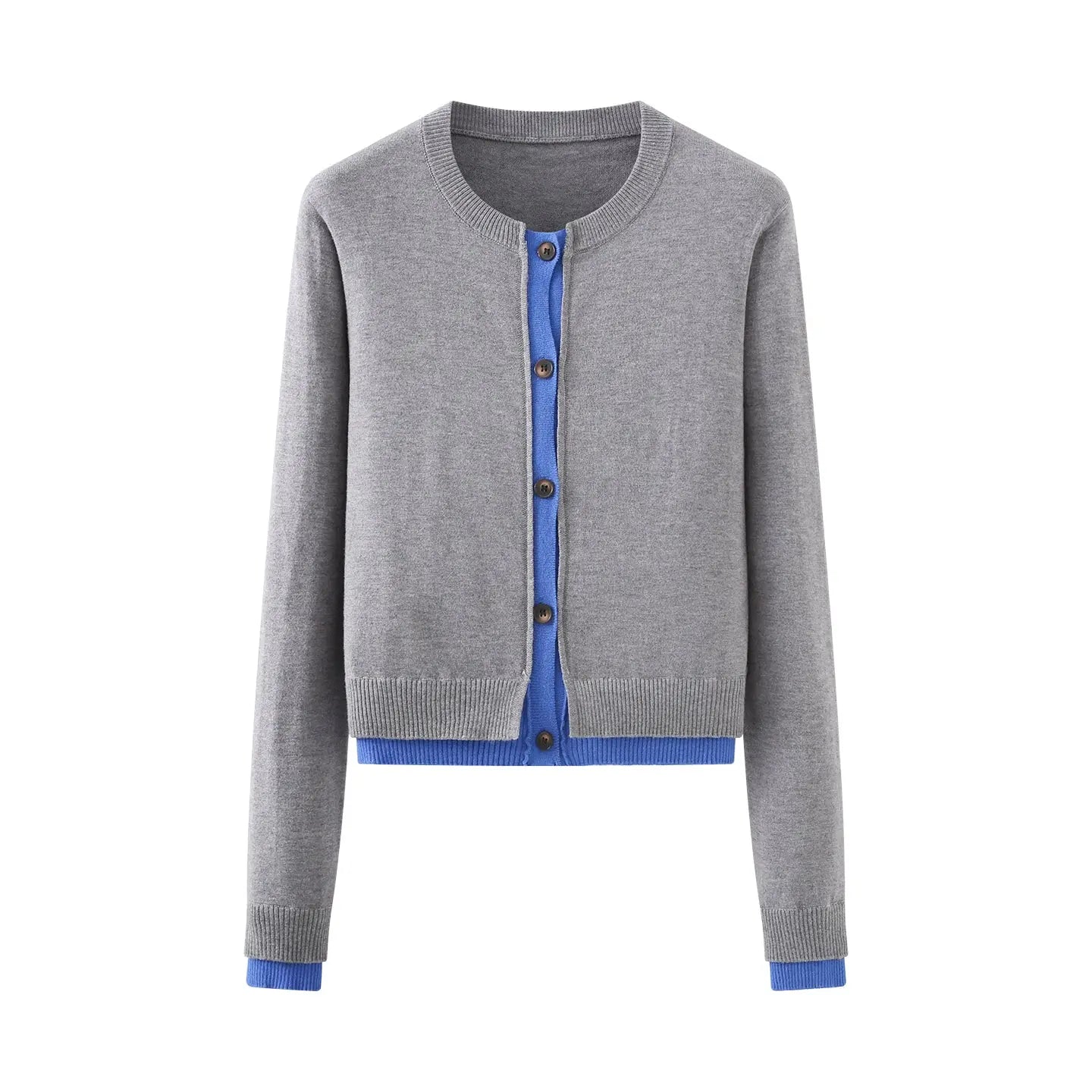 Autumn Placket Color Contrast Patchwork round Neck Long Sleeve Knitted Coat Bella Mia