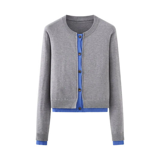 Autumn Placket Color Contrast Patchwork round Neck Long Sleeve Knitted Coat Bella Mia