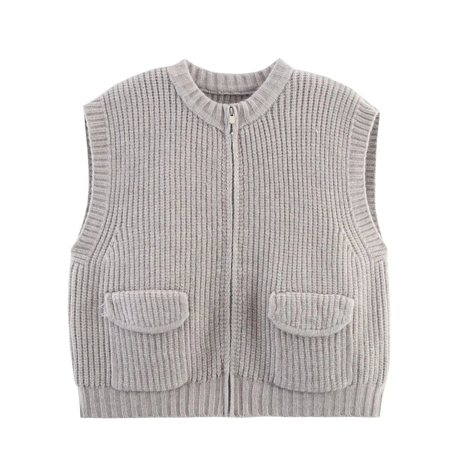 Fall Women Clothing Thick Needle round Neck Pocket Knitted Sweater Zipper Cardigan Vest Bella Mia