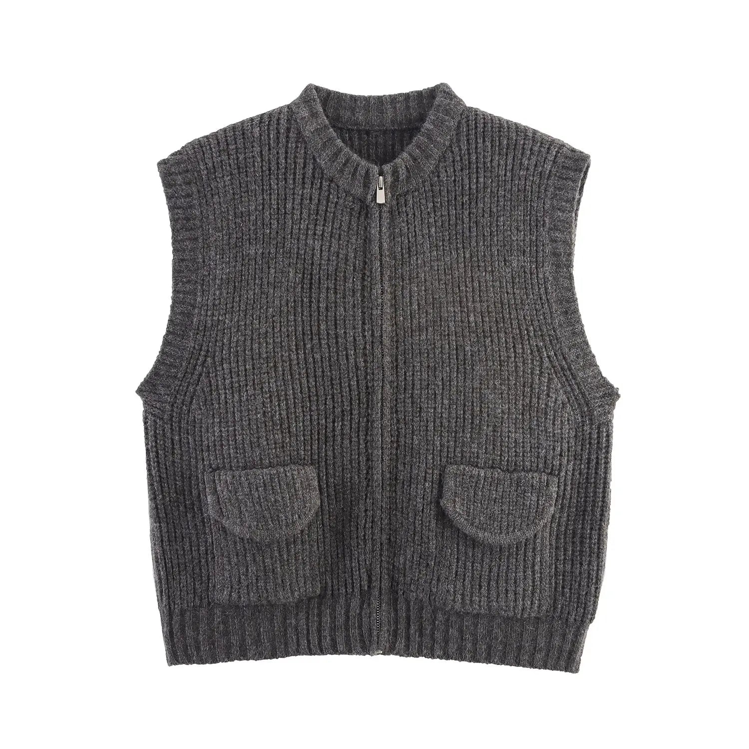 Fall Women Clothing Thick Needle round Neck Pocket Knitted Sweater Zipper Cardigan Vest Bella Mia