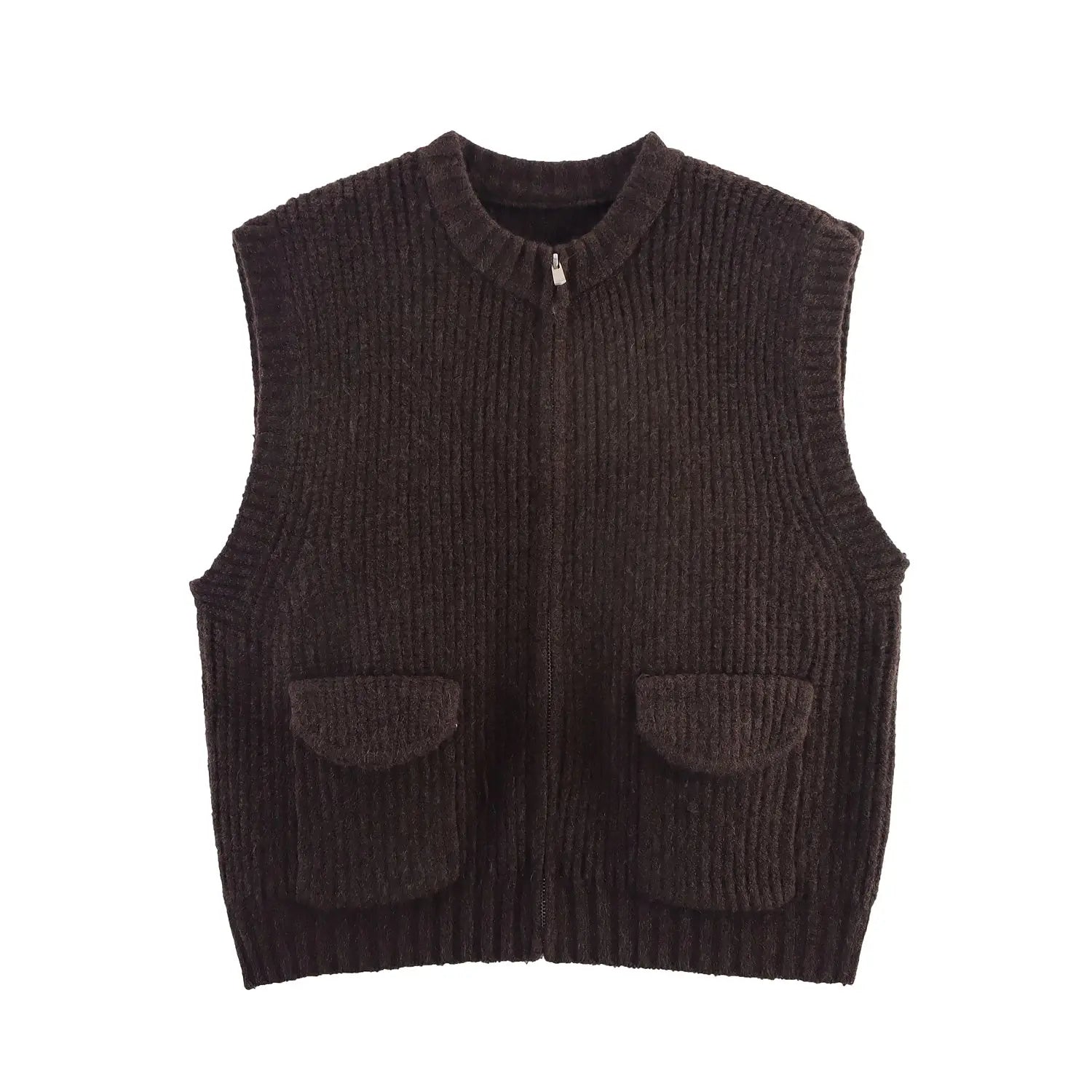 Fall Women Clothing Thick Needle round Neck Pocket Knitted Sweater Zipper Cardigan Vest Bella Mia