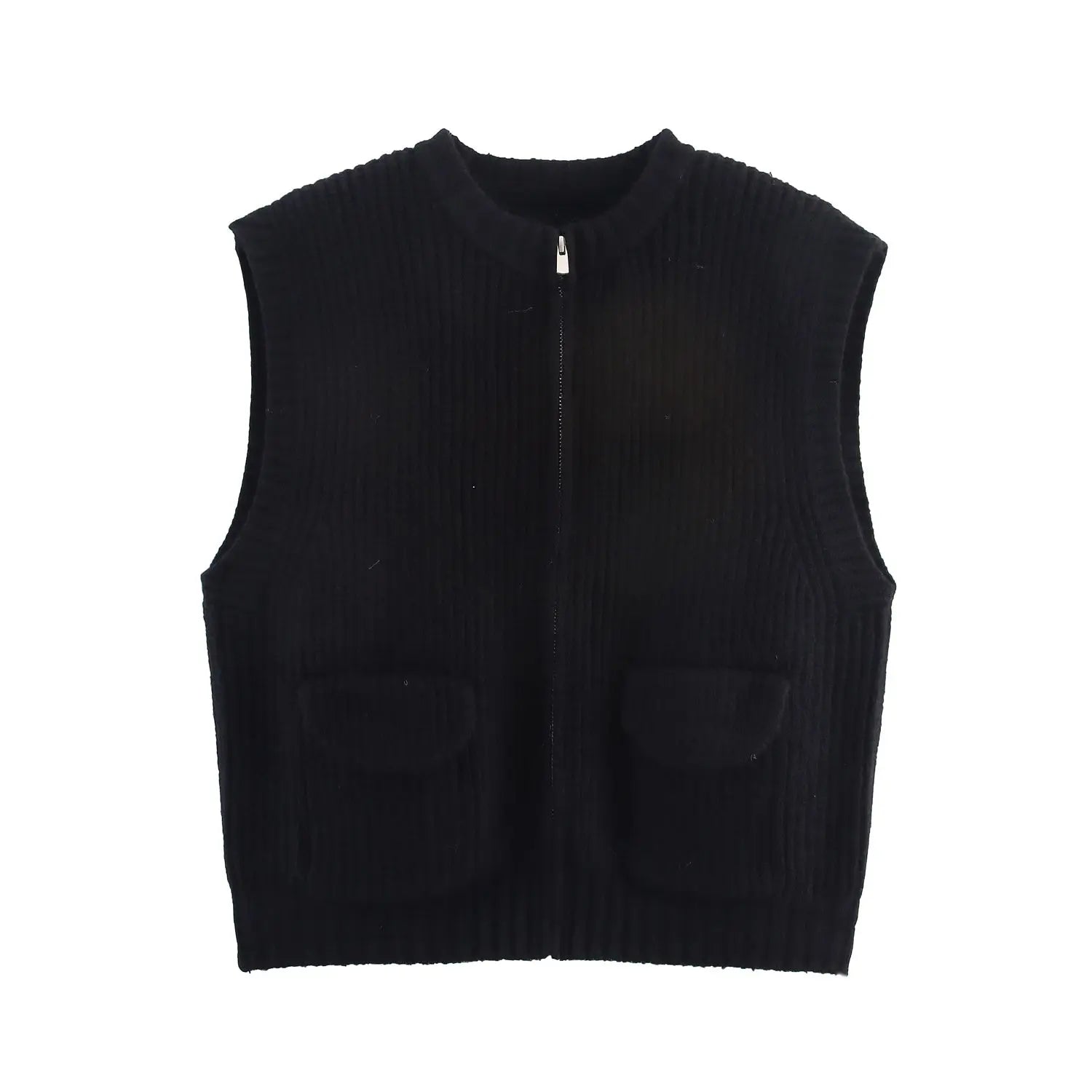 Fall Women Clothing Thick Needle round Neck Pocket Knitted Sweater Zipper Cardigan Vest Bella Mia