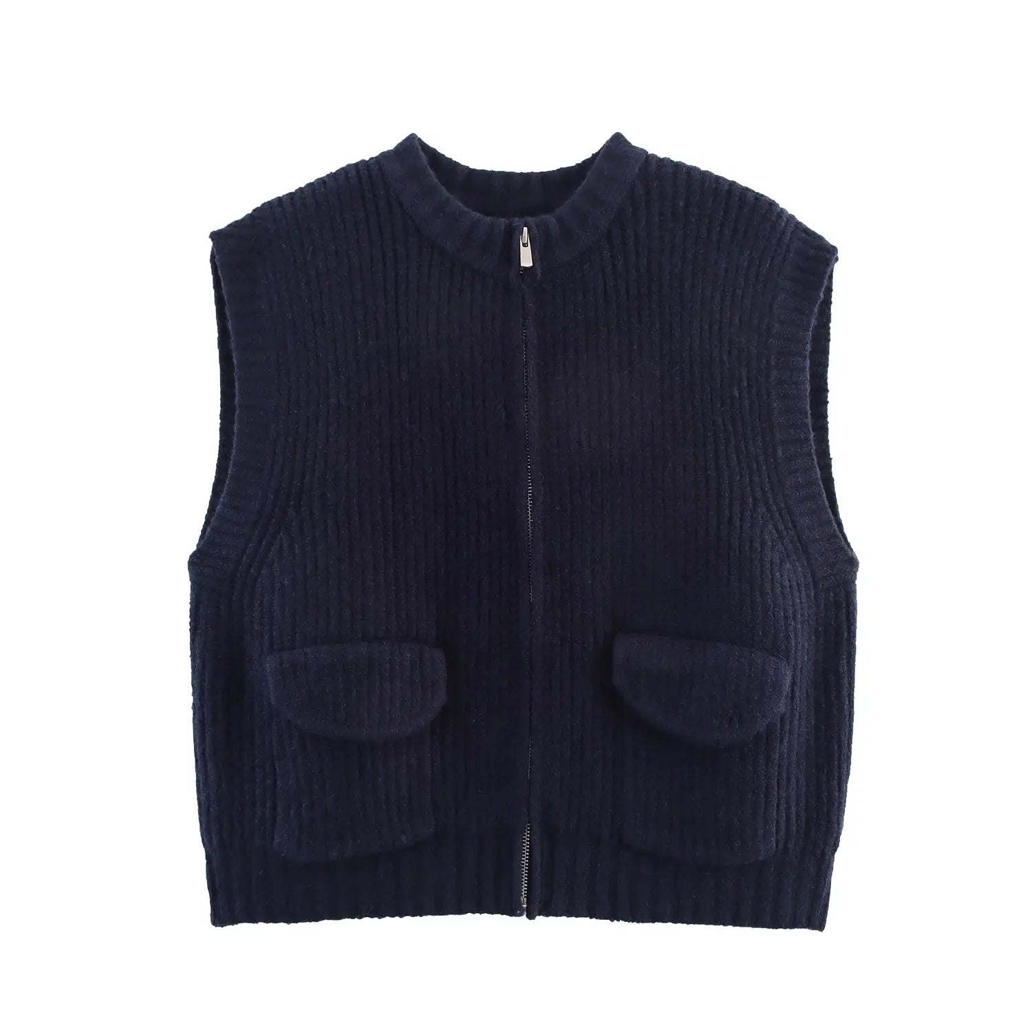 Fall Women Clothing Thick Needle round Neck Pocket Knitted Sweater Zipper Cardigan Vest Bella Mia