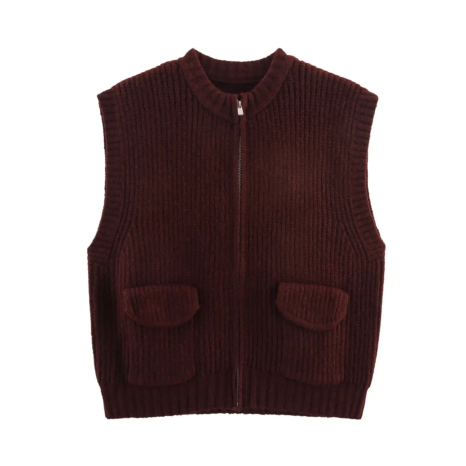 Fall Women Clothing Thick Needle round Neck Pocket Knitted Sweater Zipper Cardigan Vest Bella Mia