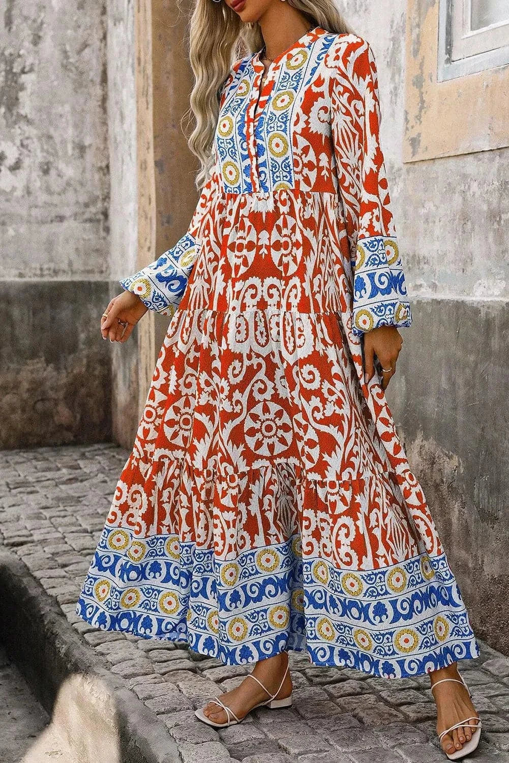 Printed Notched Long Sleeve Maxi DressFeatures: Basic style
Sheer: Opaque
Stretch: No stretch
Body: Not lined
Material composition: 100% polyester
Care instructions: Machine wash cold. Tumble dry low.
ImLove Salve Printed Notched Long Sleeve Maxi DressMaxi Dresses