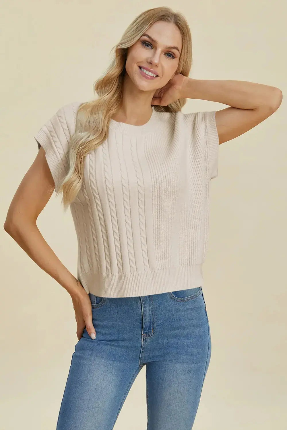Double Take Full Size Cable-Knit Round Neck Short Sleeve Sweater - Love Salve