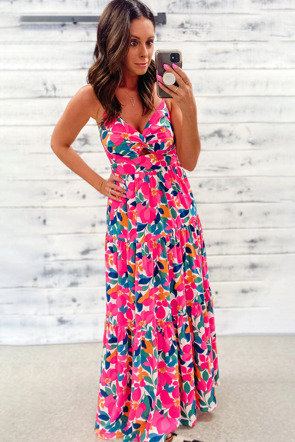 Rose floral tiered maxi dress with twisted detail and smocked back