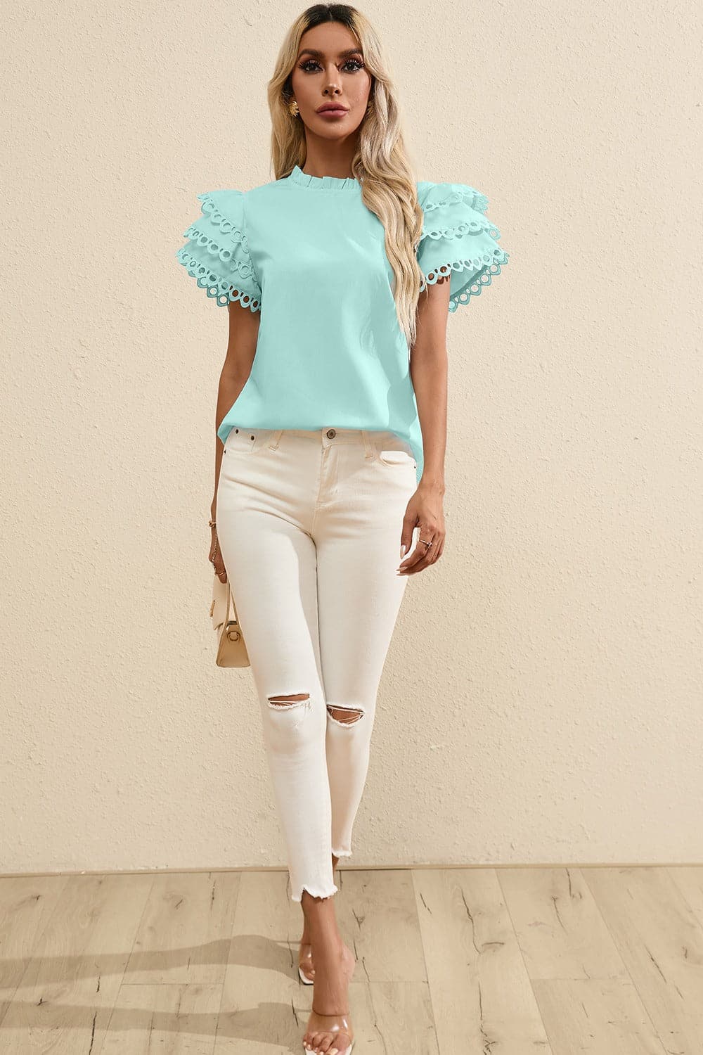 Ruffled Eyelet Round Neck Cap Sleeve Blouse.