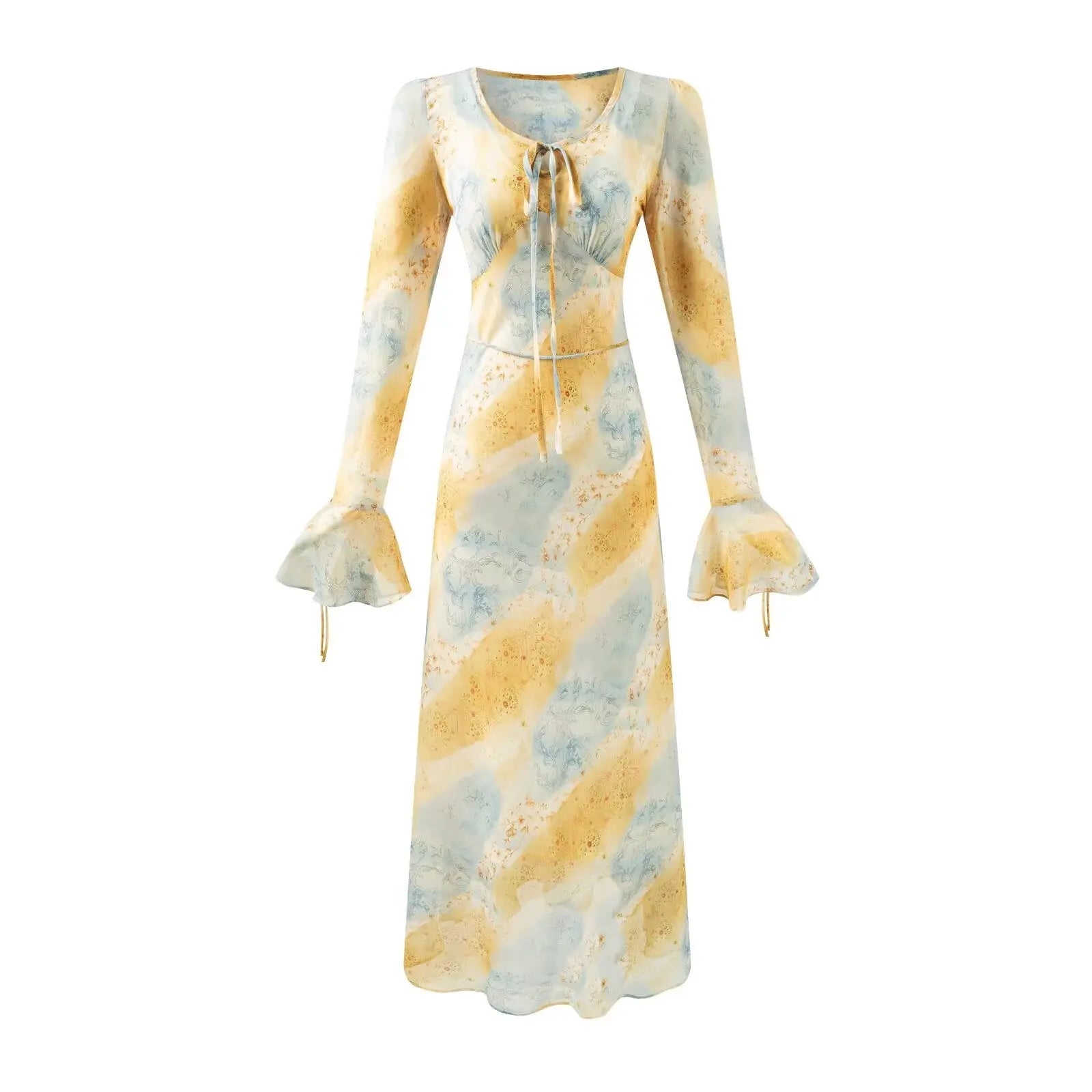 Autumn Women Clothing V neck Mid Length Printed Dress Women Bella Mia