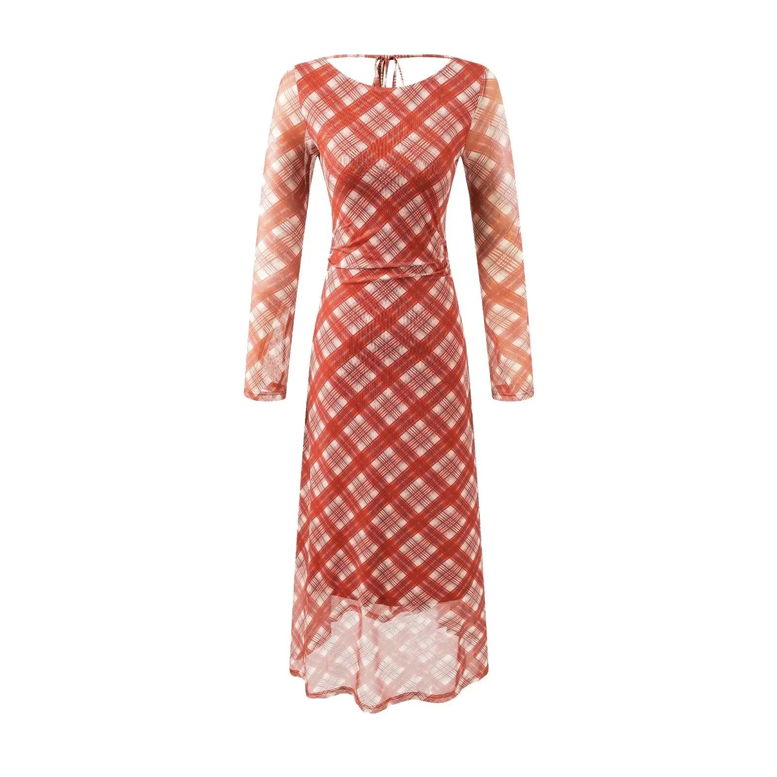 Casual Slim Fit Backless Check Maxi Dress Waist Cinch Lace Up For Women Bella Mia