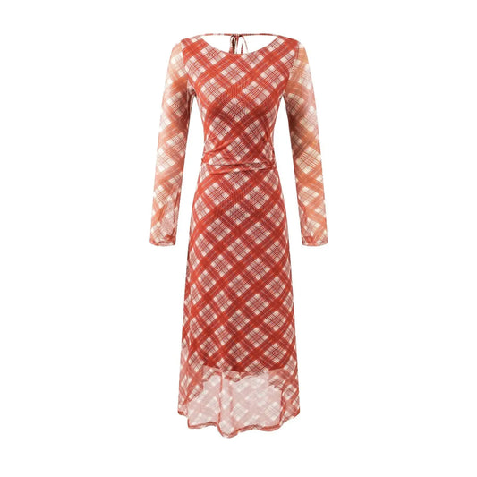 Casual Slim Fit Backless Check Maxi Dress Waist Cinch Lace Up For Women Bella Mia