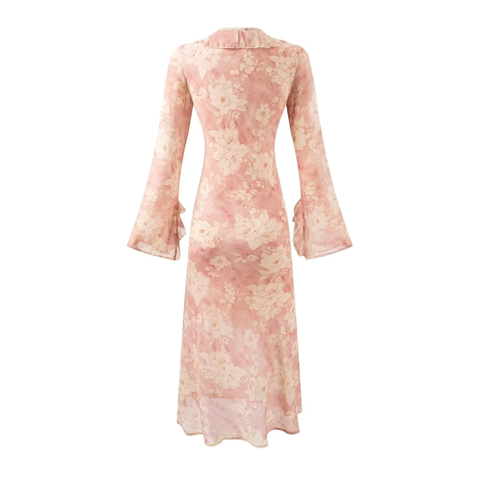 Floral Print Tie Neck Midi Bodycon Dress With Split And Trumpet Sleeves Bella Mia