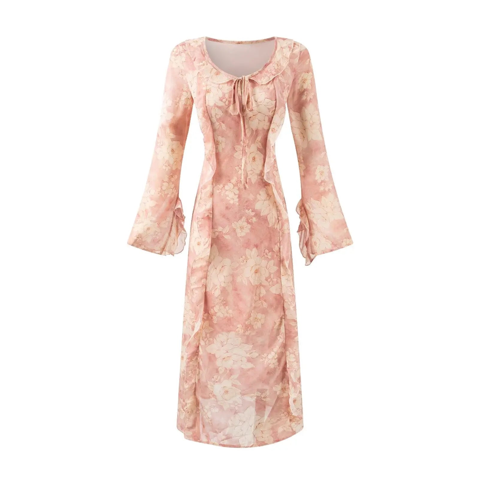 Floral Print Tie Neck Midi Bodycon Dress With Split And Trumpet Sleeves Bella Mia