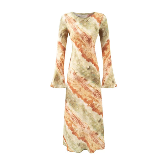 Vintage Printed Chic Flared Long Sleeve Vacation Dress round Neck Maxi Dress Bella Mia