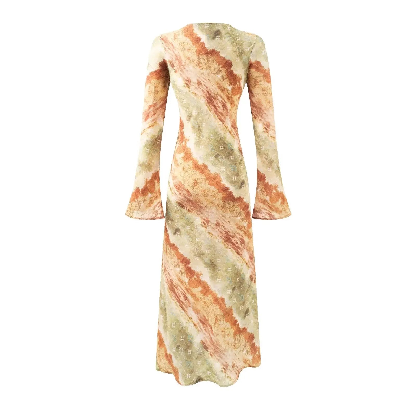 Vintage Printed Chic Flared Long Sleeve Vacation Dress round Neck Maxi Dress Bella Mia