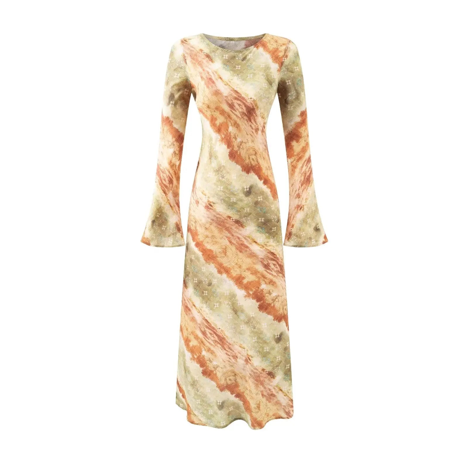 Vintage Printed Chic Flared Long Sleeve Vacation Dress round Neck Maxi Dress Bella Mia