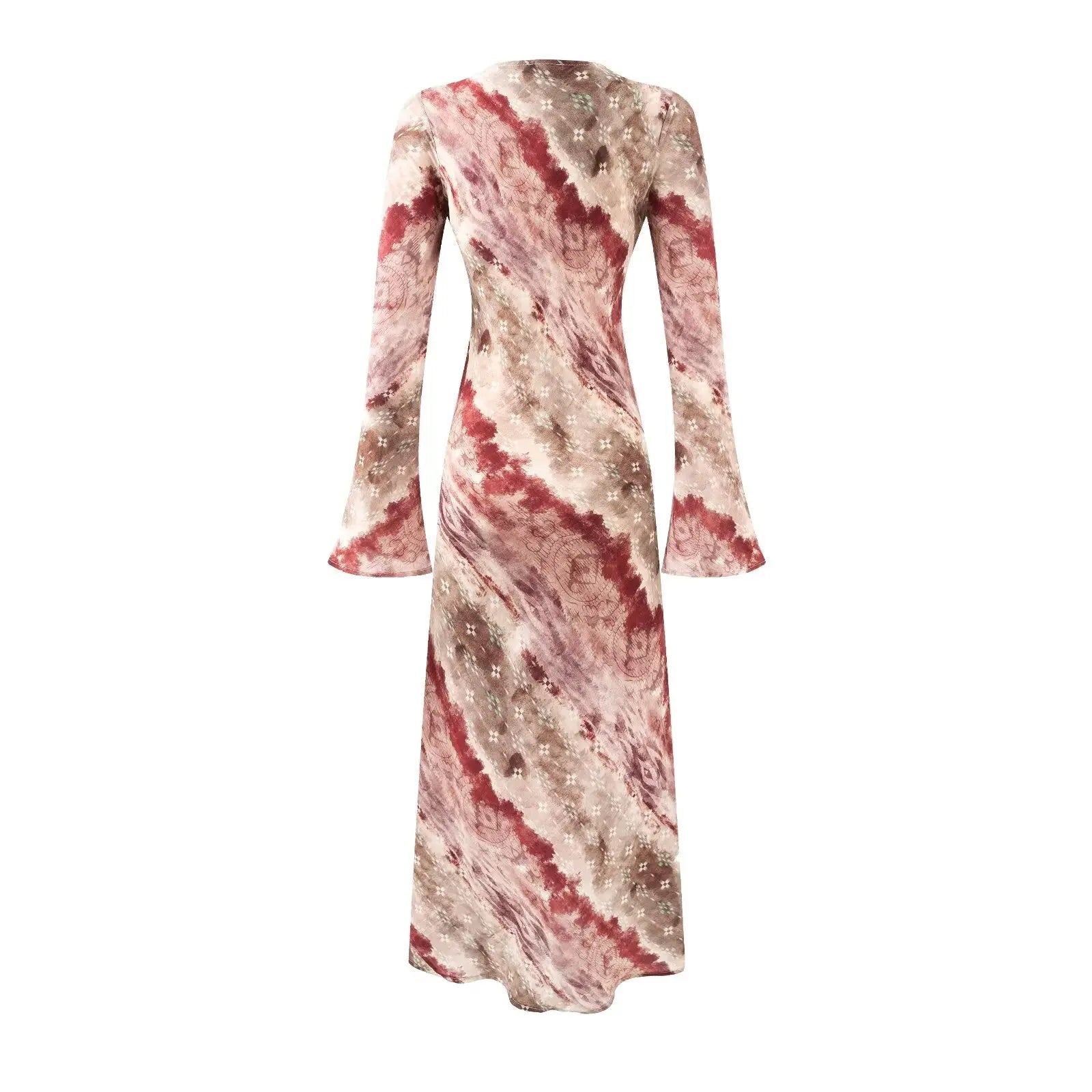 Vintage Printed Chic Flared Long Sleeve Vacation Dress round Neck Maxi Dress Bella Mia